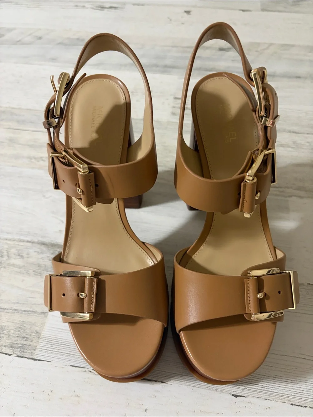 MICHAEL Michael Kors Tan Colby  Platform Block Heel Sandals with Gold Buckles